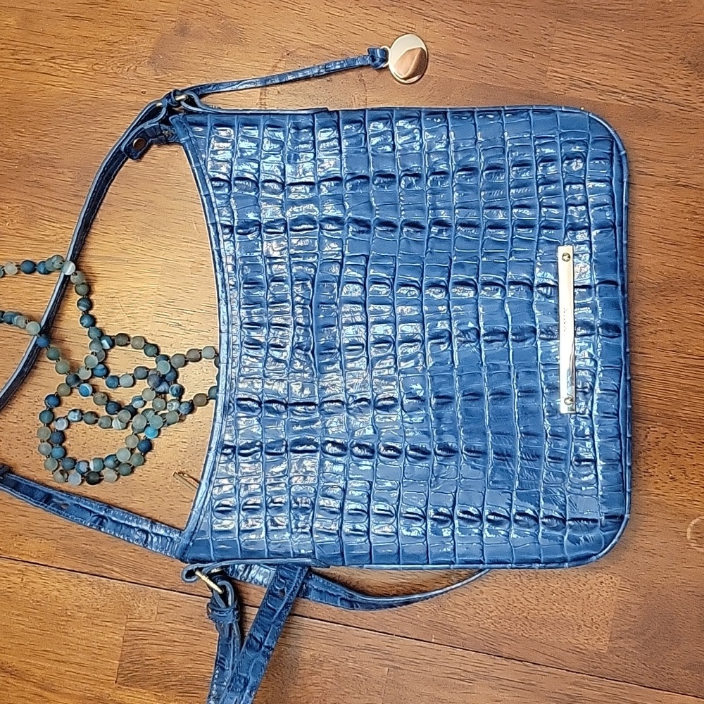 Brahmin Blue Textured Crossbody Bag with Glossy Finish
